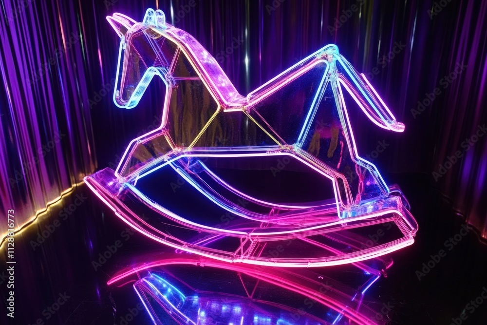 A vibrant neon rocking unicorn sculpture glows in an indoor space with dark curtains and reflective flooring. The artistic piece adds a playful and whimsical touch to the ambiance.
