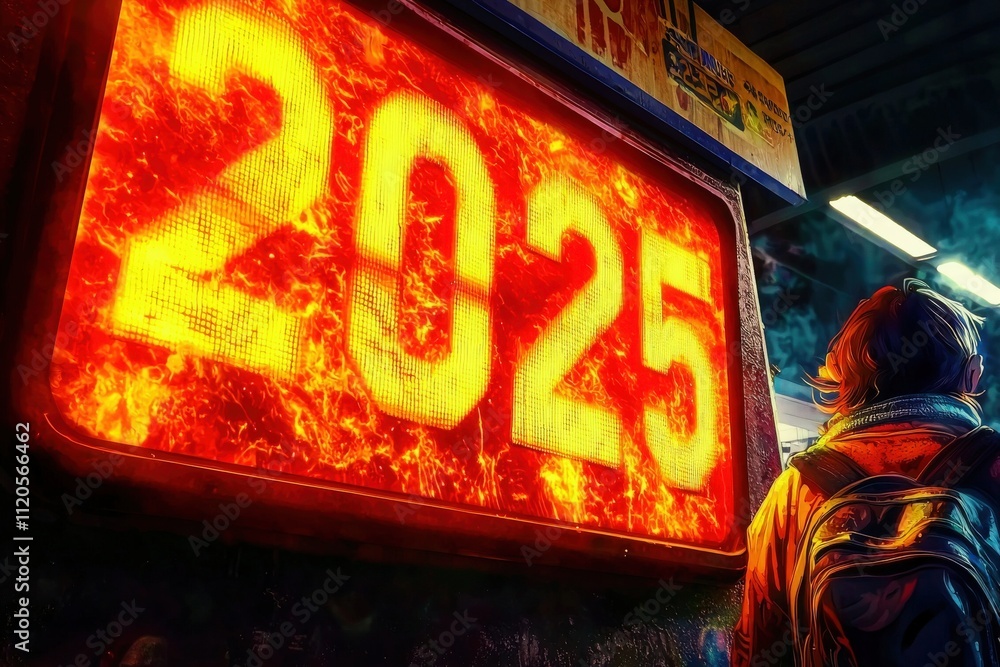 A vibrant neon sign lights up the night with the number 2025, capturing attention in a lively urban environment. A person stands in front, absorbed in the glowing display.