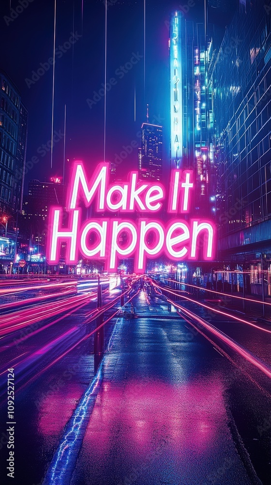 A vibrant neon sign reading Make It Happen shines in a busy city street at night. Colorful lights create a dynamic atmosphere while rain reflects the colors on the wet pavement.
