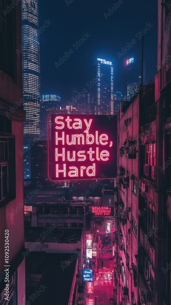 A vibrant neon sign reading Stay Humble, Hustle Hard shines brightly against the backdrop of towering city skyscrapers. The scene captures the lively atmosphere of city life after dark.