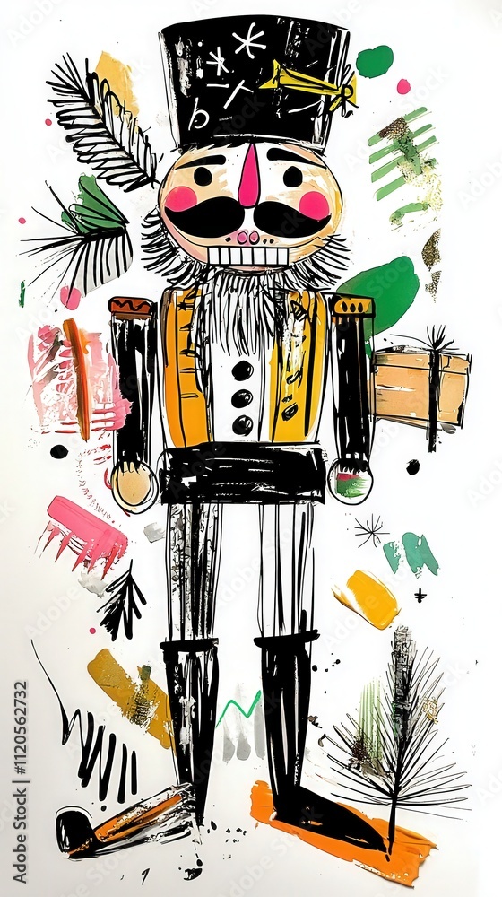 A vibrant nutcracker character stands proudly, adorned in festive attire. Surrounding splashes of color, floral shapes, and presents enhance the holiday spirit, creating a joyful atmosphere.