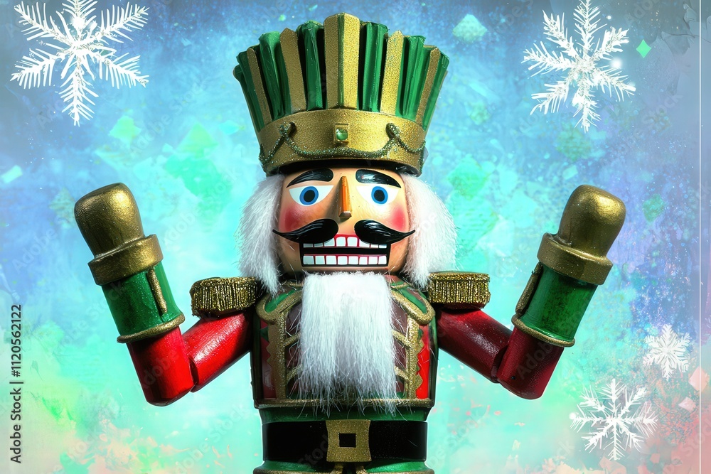 A vibrant nutcracker doll with a green crown and festive attire stands against a colorful, snowy background. Its welcoming pose brings a joyful holiday spirit to any setting.