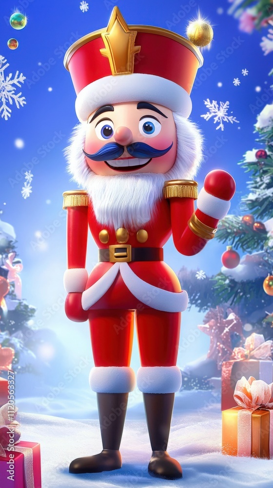 A vibrant nutcracker figure dressed in red and white stands joyfully in front of a decorated Christmas tree, surrounded by colorful presents and a snowy backdrop, evoking festive cheer.