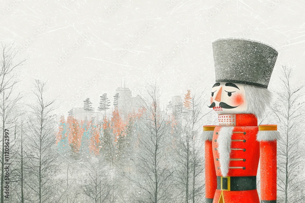 A vibrant nutcracker figure dressed in red and white watches over a snowy forest. In the background, a castle peeks through the trees, surrounded by a winter landscape filled with snow.