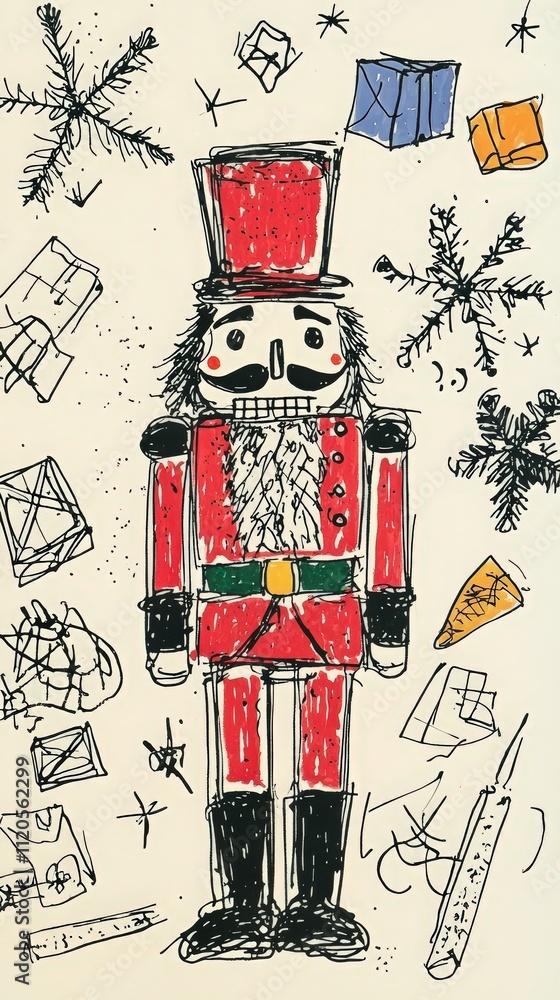A vibrant nutcracker figure stands at the center, surrounded by colorful presents and snowflakes, capturing the cheerful spirit of the holiday season.