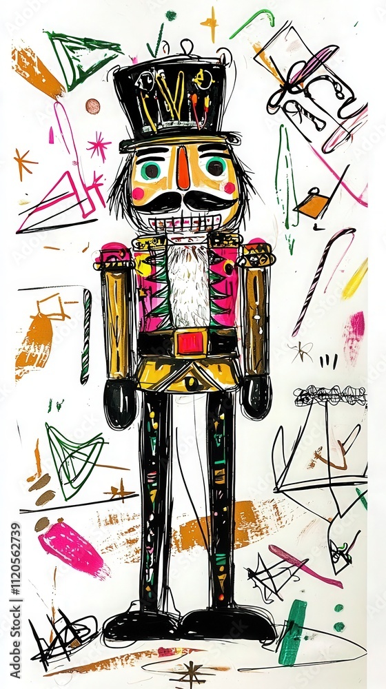 A vibrant nutcracker figure stands prominently against a chaotic backdrop of colorful shapes and lines. The bright colors and whimsical style create an energetic atmosphere.