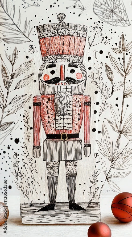 A vibrant nutcracker figure stands prominently amid delicate plant illustrations and holiday decorations, capturing a whimsical atmosphere perfect for winter festivities.