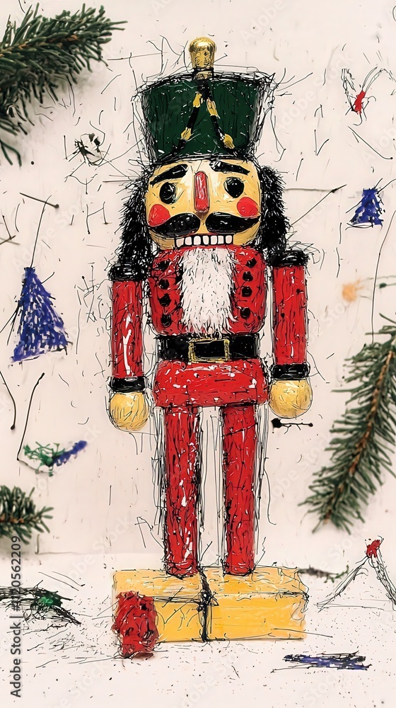 A vibrant nutcracker figure stands proudly, adorned in traditional colors. Surrounding it are playful decorations like pine branches and colorful trees, evoking a joyful holiday spirit.