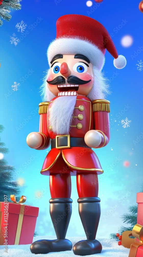 A vibrant nutcracker figure wearing a classic red uniform and a Santa hat brightens up a festive scene filled with holiday gifts and a winter backdrop, embodying the spirit of the season.