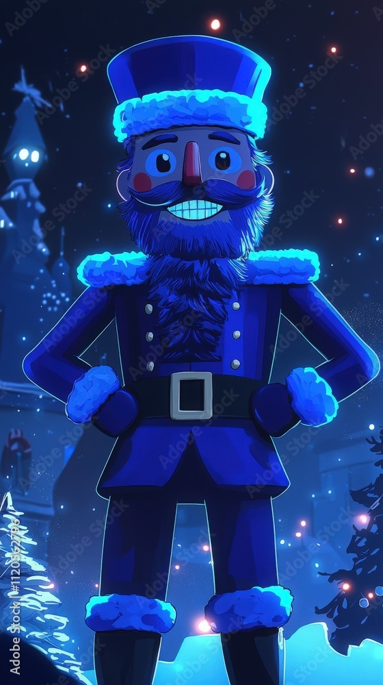 A vibrant nutcracker figure with a blue uniform and a cheerful face stands confidently in a snowy landscape. Twinkling lights illuminate the surrounding trees and buildings during the holiday season.