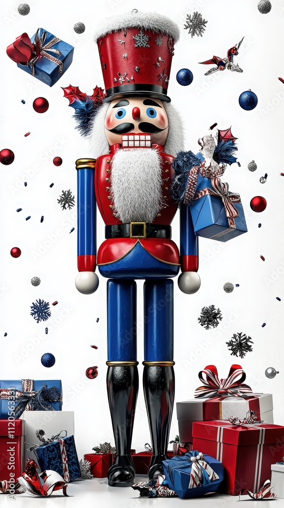 A vibrant nutcracker figure with a cheerful expression is surrounded by colorful presents and holiday ornaments. The festive atmosphere features snowflakes and red, blue, and silver decorations.