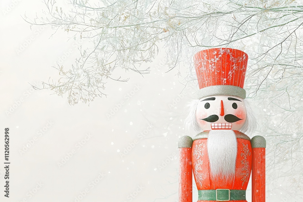 A vibrant nutcracker figure with a red uniform and white beard is positioned in a snowy setting, surrounded by frost-covered tree branches. The scene captures the essence of winter festivities.