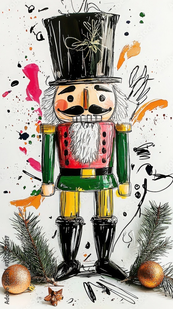 A vibrant nutcracker stands in the center, surrounded by scattered paint splashes and festive decorations.