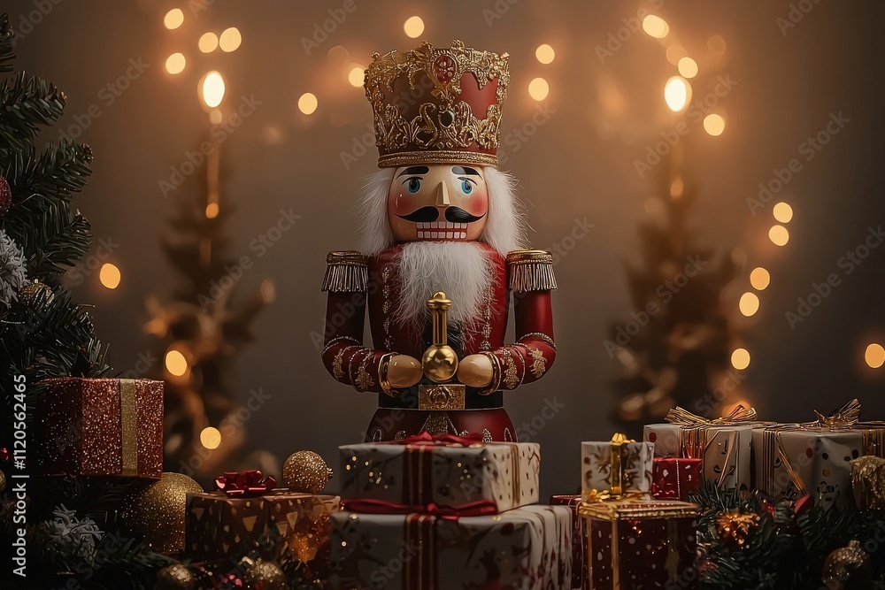 A vibrant nutcracker stands proudly among wrapped gifts, surrounded by warm, twinkling lights in a cozy holiday atmosphere. This scene evokes the spirit of Christmas celebrations.