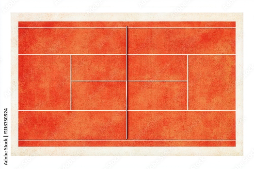 A vibrant orange tennis court features clear white lines marking the playing area. The sunny day enhances the colors, inviting players for a match in a lively public park setting.
