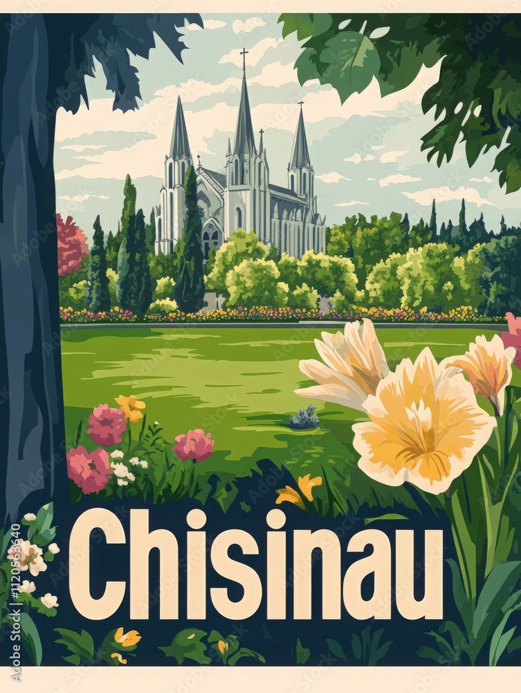 A vibrant park scene in Chisinau features lush greenery, colorful flowers, and a striking historic church in the background. People enjoy the sunny day, embracing natures beauty.