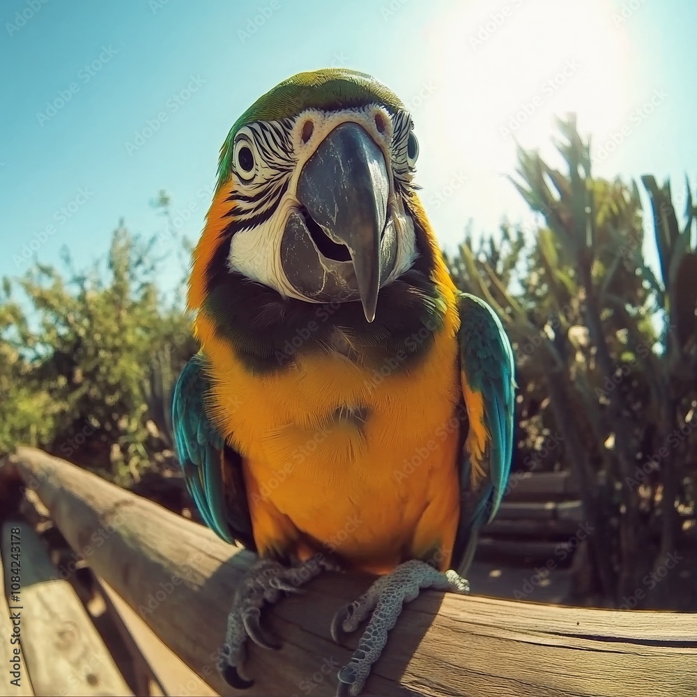 A vibrant parrot with colorful feathers is perched on a wooden railing. The sun shines brightly in the background, highlighting the lush greenery around. Its curious expression adds to the charm.