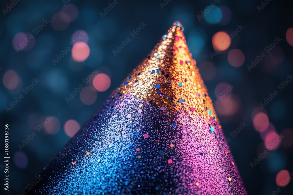 A vibrant party hat is adorned with shimmering glitter and colorful dots, resting in a festive setting filled with joyful lights and a lively atmosphere suitable for any celebration.