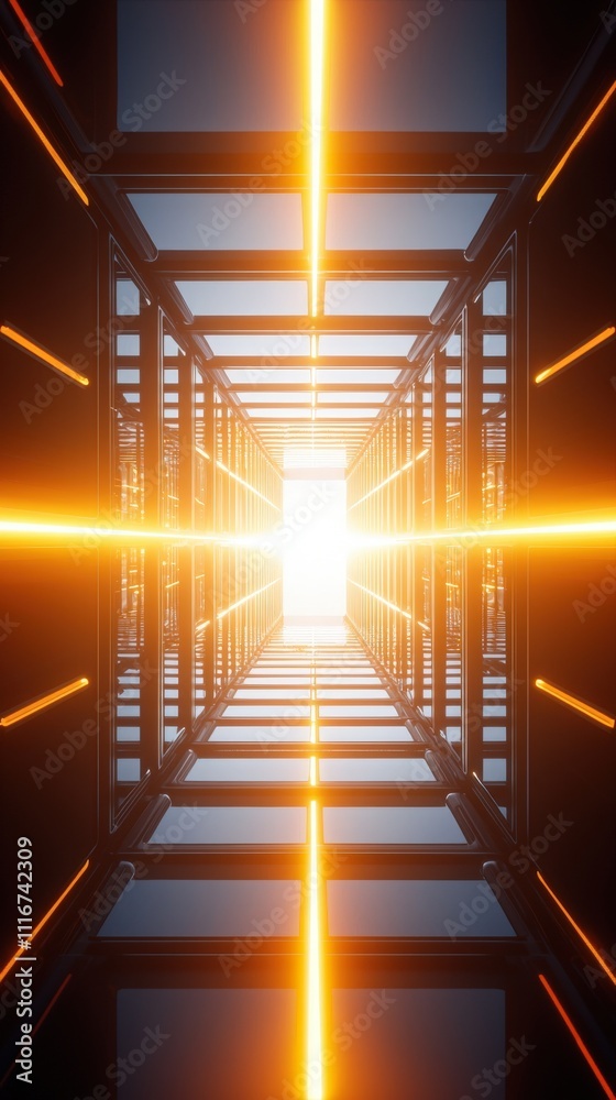 A vibrant pathway illuminated by glowing orange lines leads toward a bright light at the end. The structure features a modern design with sharp angles and reflections, creating depth and intrigue.