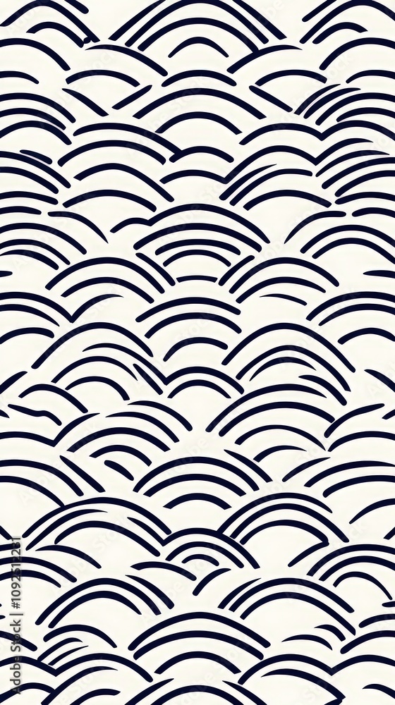 A vibrant pattern composed of flowing wave shapes in navy blue against a light background depicts a soothing, rhythmic design.