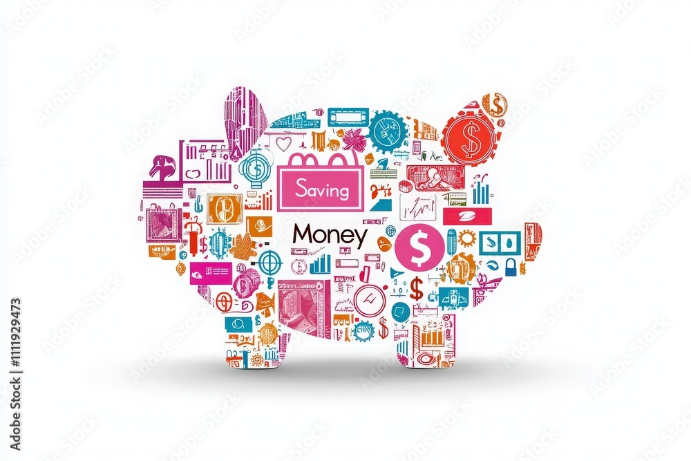 A vibrant piggy bank design illustrates various financial concepts, including saving and money management.