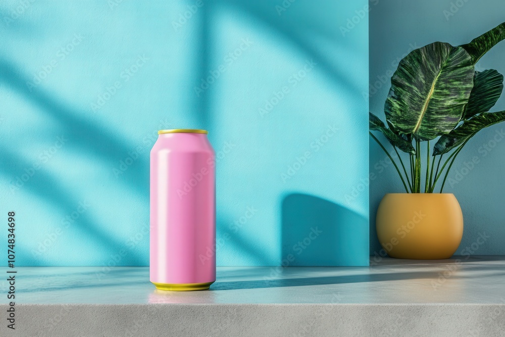 A vibrant pink energy drink can stands on a concrete surface beside a colorful potted plant. The teal wall creates a cheerful backdrop, enhancing the modern and fresh atmosphere.