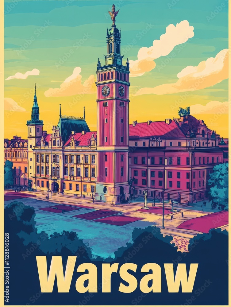 A vibrant portrayal of Warsaws historical architecture at sunset, showcasing intricate details of buildings and the dynamic sky. The warm colors highlight the citys character.