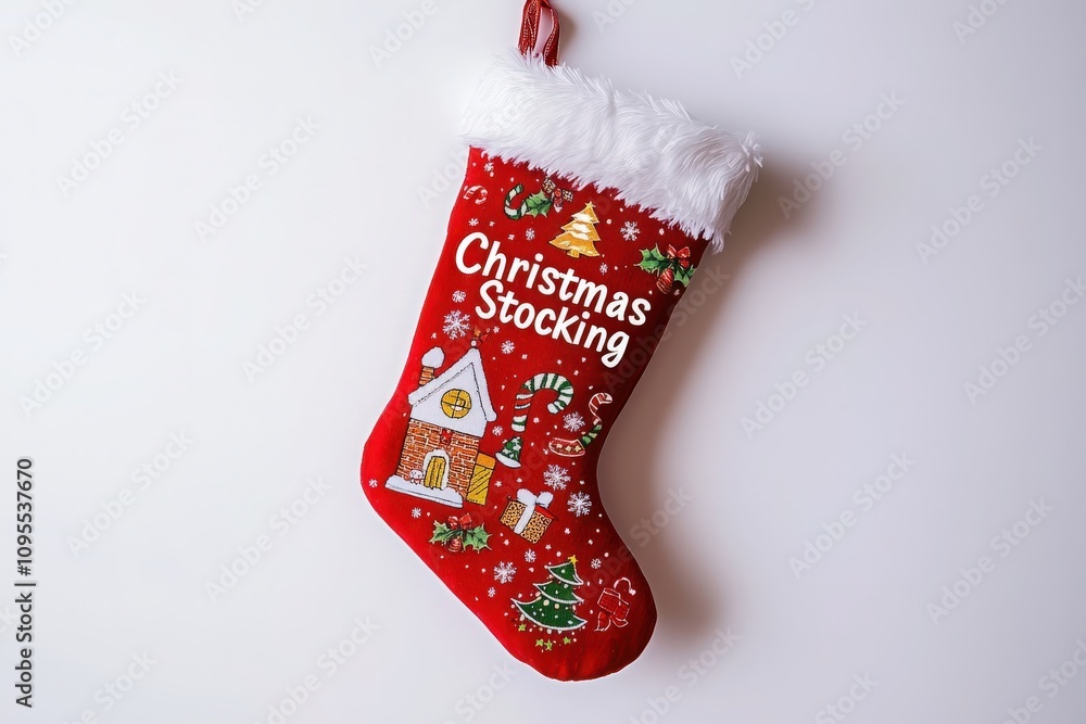 A vibrant red Christmas stocking hangs against a white backdrop, showcasing cheerful holiday decorations like trees, candy canes, and a cozy house, perfect for seasonal festivities.