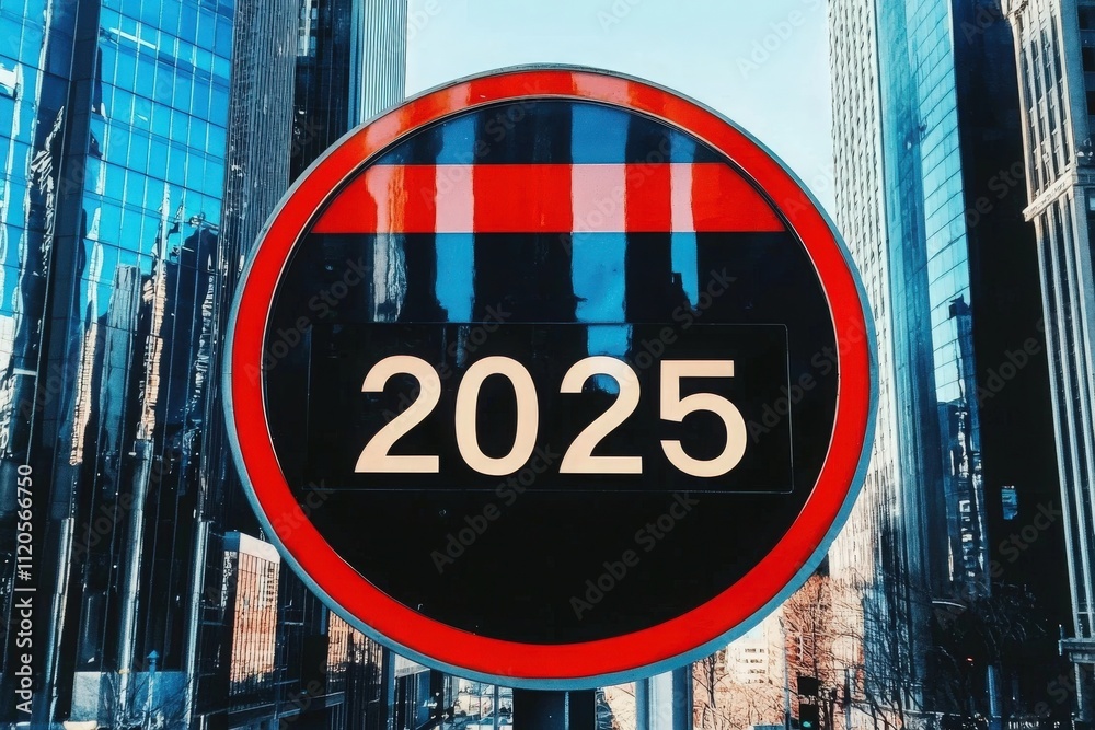 A vibrant red and black sign displays the year 2025 against a backdrop of sleek skyscrapers. The sun reflects off the buildings, creating a lively urban atmosphere.