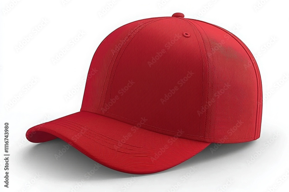 A vibrant red baseball cap is resting on a smooth surface, highlighting its sleek lines and classic style. The cap features a rounded crown and a curved brim, perfect for sunny days.
