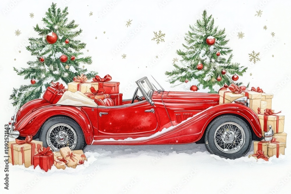 A vibrant red convertible is set against a winter landscape, surrounded by gift boxes and decorated Christmas trees. Snowflakes gently fall, creating a festive holiday atmosphere.