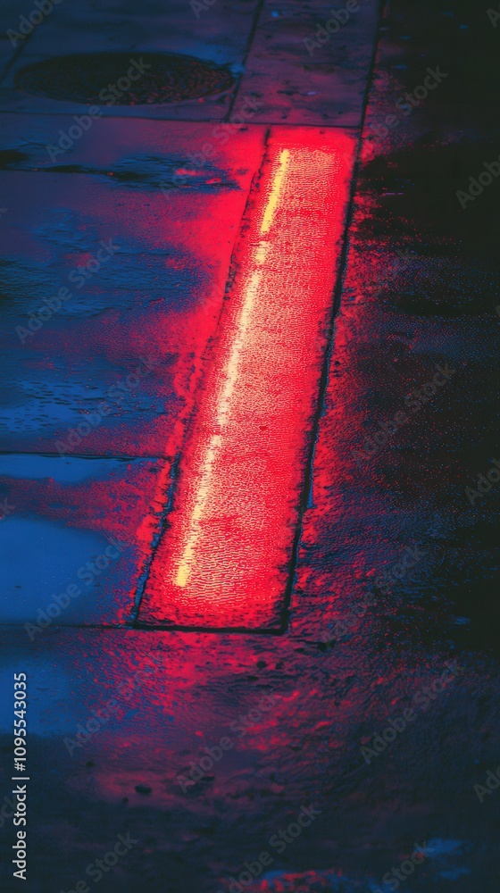 A vibrant red neon light illuminates a wet pavement, creating striking reflections on the ground in an urban area. The scene captures the atmosphere of a rainy night.