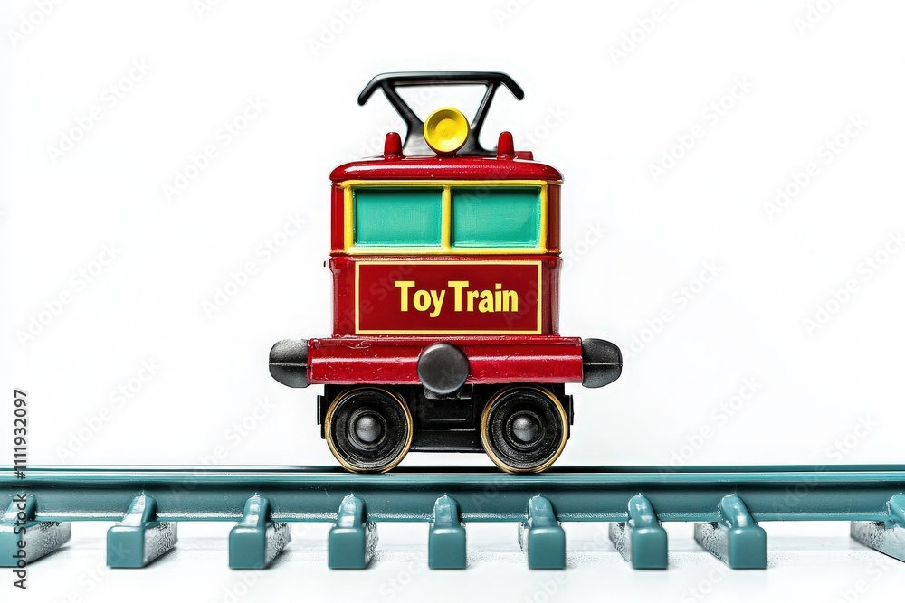 A vibrant red toy train, labeled Toy Train, is positioned on a set of blue tracks. The design features classic train elements, making it an appealing addition to a childs toy collection.