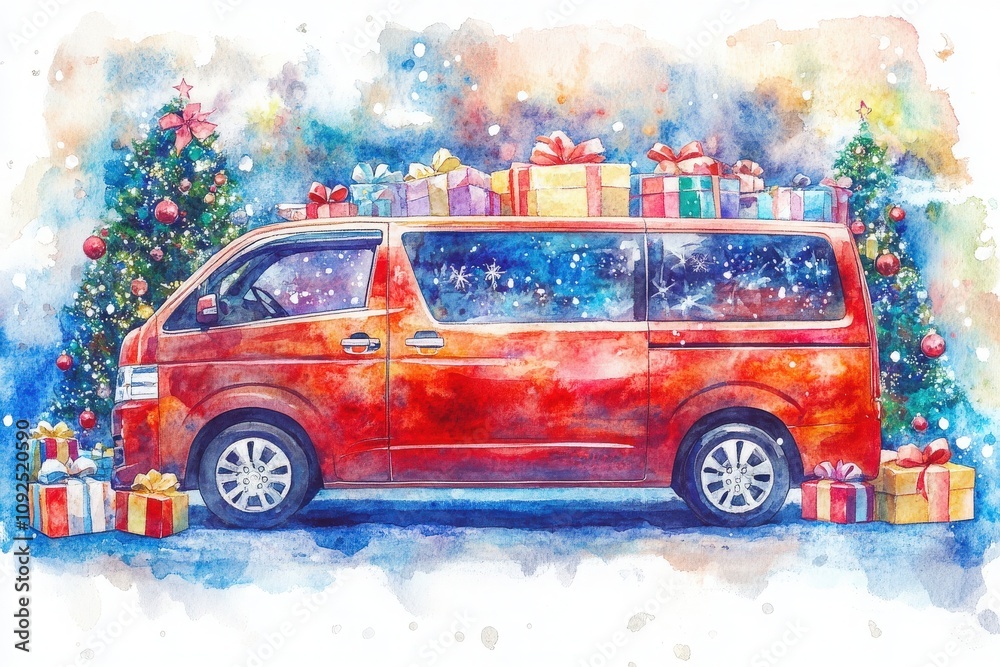 A vibrant red van is filled with colorful presents, parked on a snowy street. Brightly lit Christmas trees with decorations surround the vehicle, creating a cheerful holiday atmosphere.