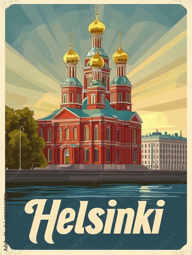 A vibrant representation of Helsinkis stunning building featuring golden domes against a radiant sky. The structure reflects rich cultural heritage and is surrounded by scenic waterfront views.
