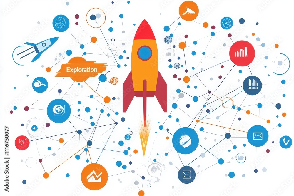 A vibrant rocket graphic is central to a network of icons representing exploration, technology, and data. Bright colors connect various elements, highlighting innovation in multiple sectors.