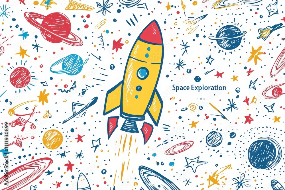 A vibrant rocket launches into space among colorful planets and stars. The playful design captures the excitement of space exploration, showcasing a whimsical universe filled with celestial bodies.
