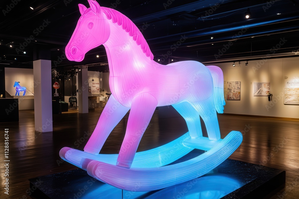 A vibrant rocking horse sculpture shines in pink and blue hues, attracting visitors in a contemporary art gallery. The exhibit features various artworks displayed in a spacious area.