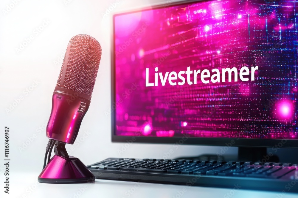 A vibrant setup featuring a microphone and computer screen displaying the word Livestreamer. The workspace highlights the integration of technology for online content creation.