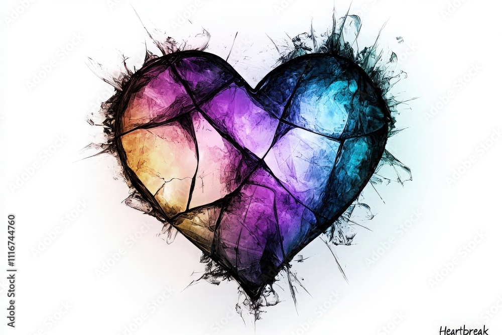 A vibrant, shattered heart design with an array of colors representing emotional struggle and healing. The artwork captures the essence of heartbreak through its artistic expression.
