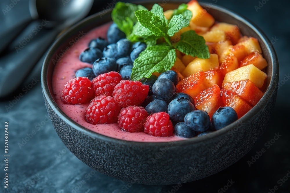 A vibrant smoothie bowl filled with raspberries, blueberries, and chopped fruit sits on a dark surface. Fresh mint leaves add a touch of green, enhancing the healthy breakfast appeal.