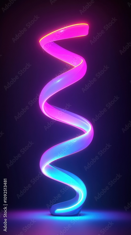 A vibrant spiral of pink and blue light twists upwards against a dark background. The glowing design creates an enchanting atmosphere with its smooth contours and dynamic appearance.