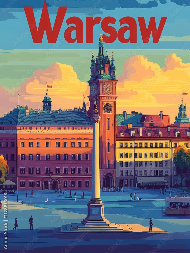 A vibrant square in Warsaw showcases stunning architecture at sunset. Tourists stroll past the iconic clock tower and historical buildings, enjoying the warm evening light and lively atmosphere.