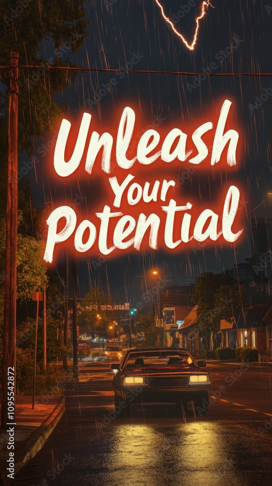 A vibrant street captures the essence of a rainy night. Neon lights illuminate the wet pavement, showcasing a parked car under the glow of streetlamps.