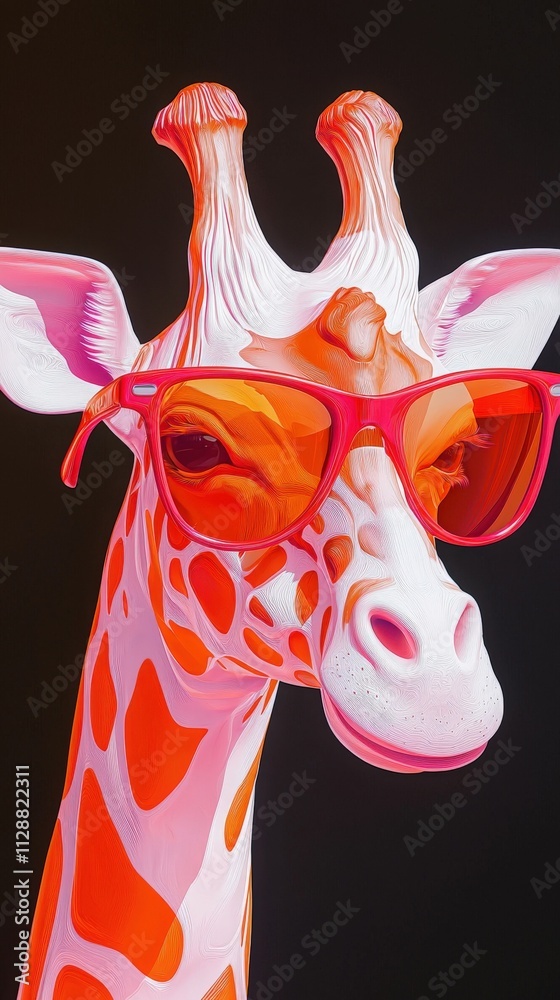 A vibrant, stylized giraffe head wearing bright pink sunglasses showcases a creative artistic vision. The colorful design contrasts sharply with the dark background, creating an eye-catching effect.