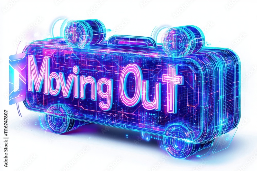 A vibrant suitcase graphic features the phrase Moving Out illuminated in neon lights. The digital design emanates energy, representing the excitement of relocation.