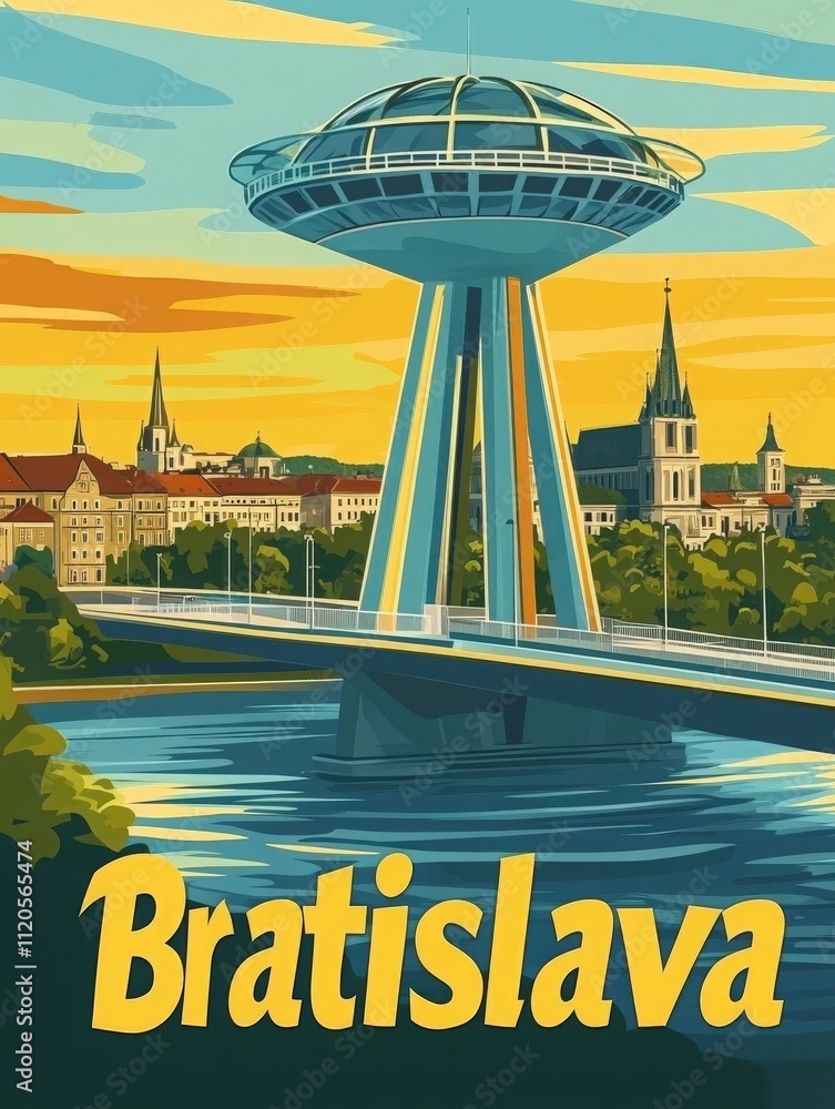 A vibrant sunset casts colorful hues over Bratislava, showcasing an iconic observation tower and historic buildings alongside the river, creating a picturesque urban landscape.