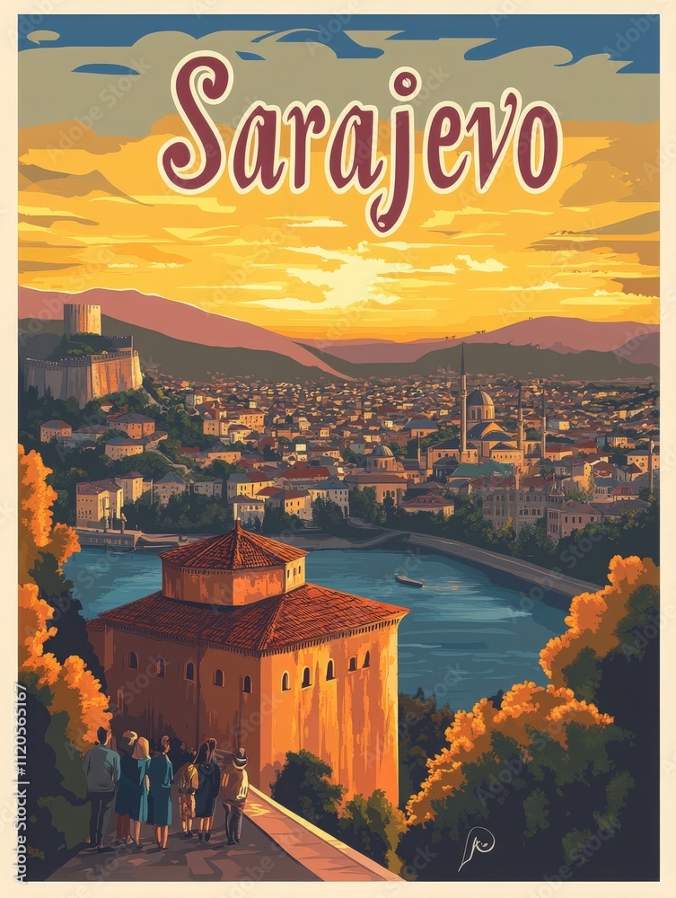 A vibrant sunset casts warm tones over Sarajevo, showcasing historical buildings and the citys skyline. People stand at a viewpoint, admiring the beautiful landscape and river below.