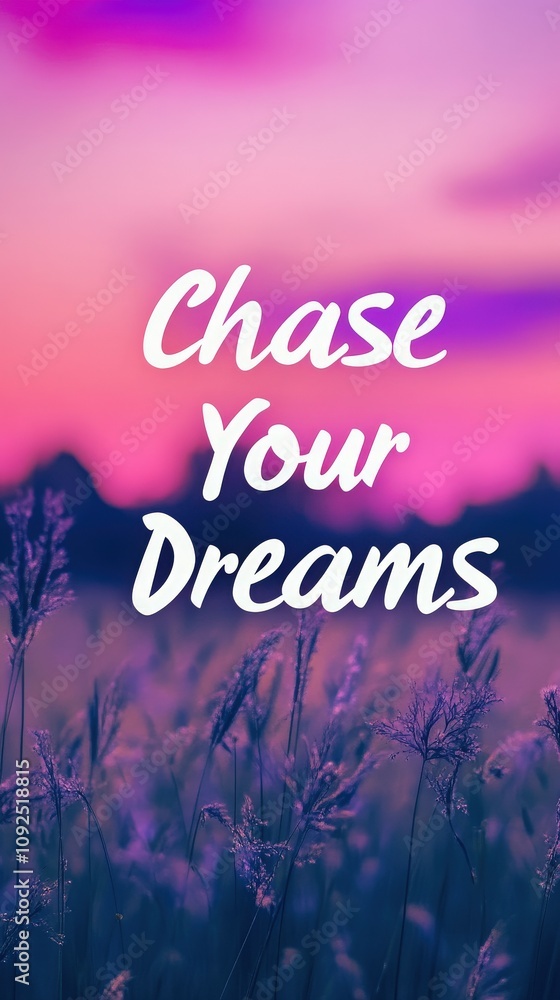 A vibrant sunset paints the sky in shades of purple and pink. In the foreground, delicate grasses sway gently, while an uplifting message encourages people to chase their dreams.