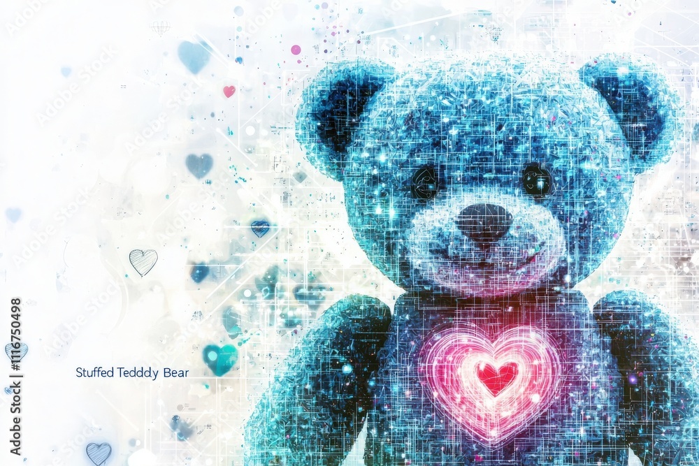 A vibrant teddy bear with soft blue fur and a glowing heart stands against a dreamy backdrop of sparkling elements and colorful hearts, radiating warmth and affection.
